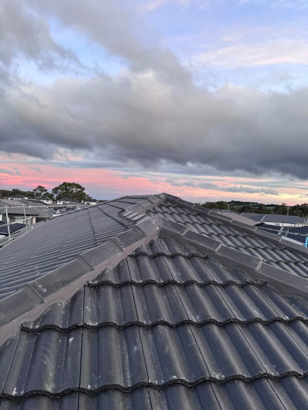 Charcoal tile roof ridge glowing at sunset